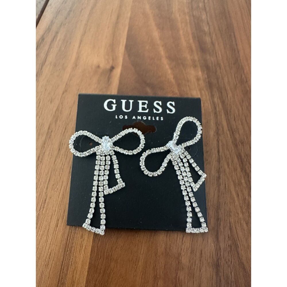 GUESS Rhinestone Bow Drop Earrings Silver Tone Crystal Statement Dangle NWT